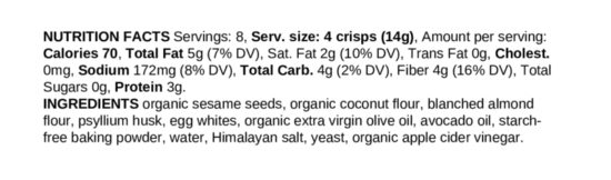 Sesame Crisps Nutrition Facts